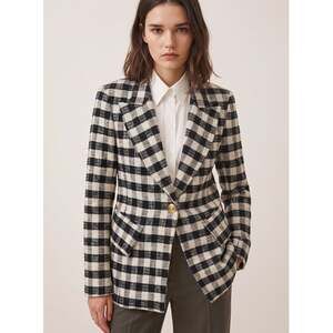 Smythe Gingham Lounge Blazer Black White Plaid Check Gold Button Jacket Size 14
